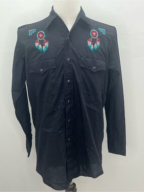 Silver Spur Mens Vintage Black Embroidered  Pearl Snap Western Shirt Medium